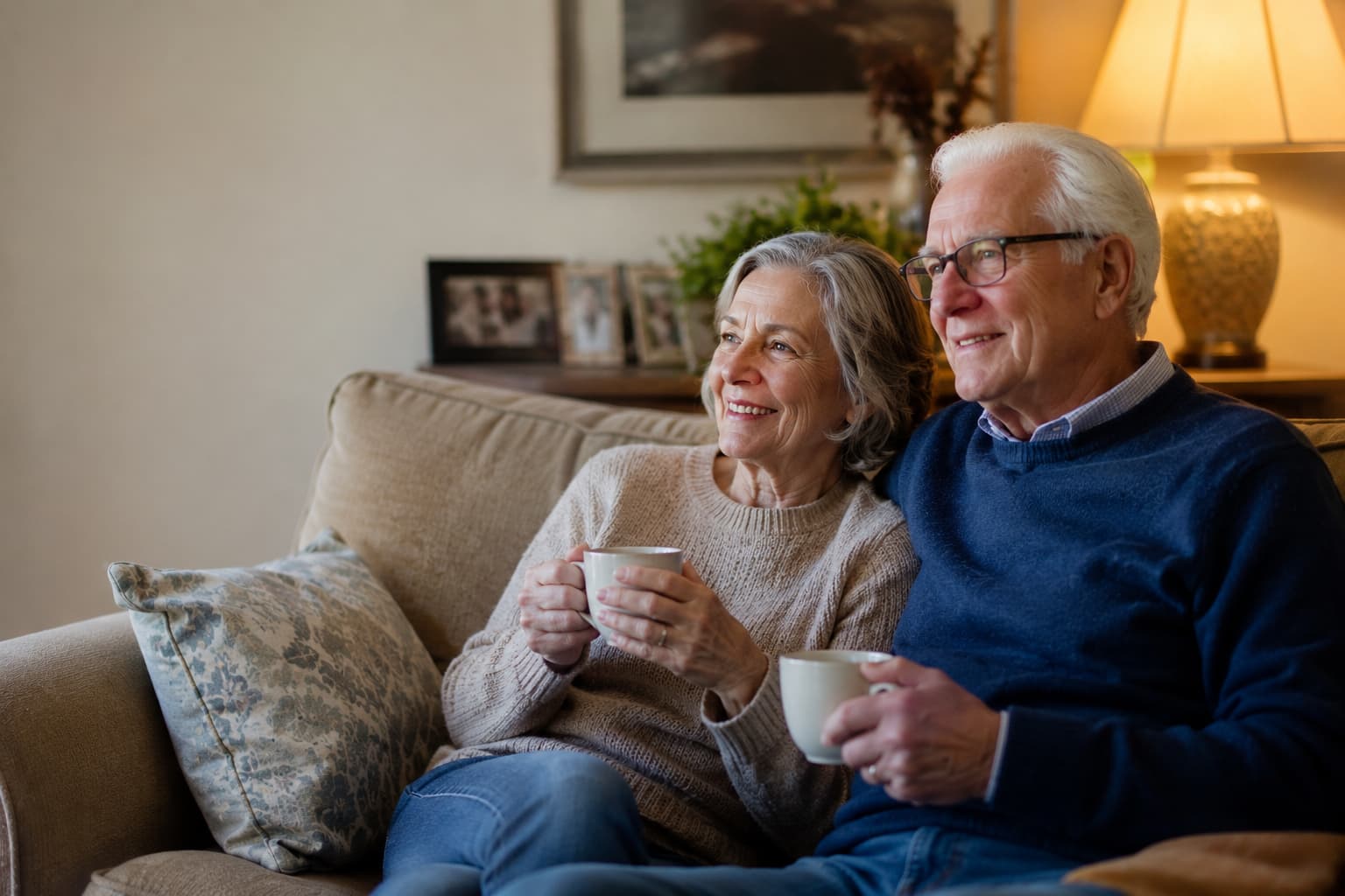 A relaxed older couple at home, protected and at peace